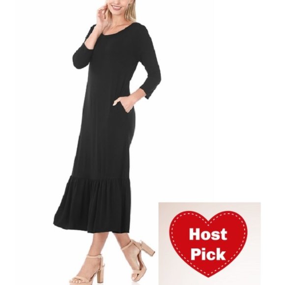 Black Maxi 3/4 Sleeve Ruffle Hem - Loose fitting black maxi - Picture 1 of 5